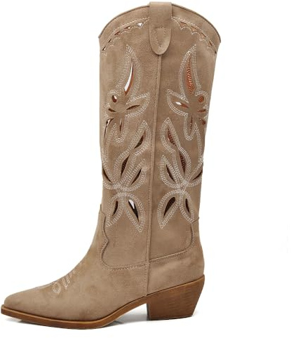 IF Stivali Texani Donna al Ginocchio, Ricami e Lavorazione Traforata, Suola in Gomma Silenziosa,Stile Cowboy Camperos MP746-3 tortora 39