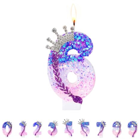 Floruvia Velas de Número para Cumpleaños, Velas Lila Rosadas para Pastel, Topper de Pastel con Números Brillantes y Lentejuelas para Decoraciones de Aniversario (Corona Trenza, 6)