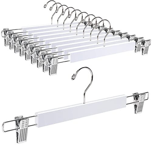 Amber Home 10 Stück 36cm Weiß Kleiderbügel aus Holz, Robust und Glänzend Hosenbügel Aufhänger für Hosen Shorts Rock Socken Unterwäsche, mit rutschfest Clips und Drehbar Haken