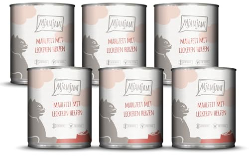MjAMjAM - cibo umido premium per gatti - pasto con deliziosi cuori, confezione da 6 (6 x 800 g), senza cereali con carne extra