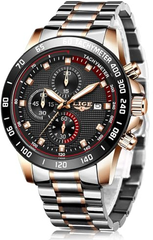 LIGE Mens Watches Stainless Steel Wrist Watch for Men Gents Chronograph Vintage Analogue 3ATM Waterproof Analog Men's Quartz Casual Classic Simple Business Luminous Hands with Date