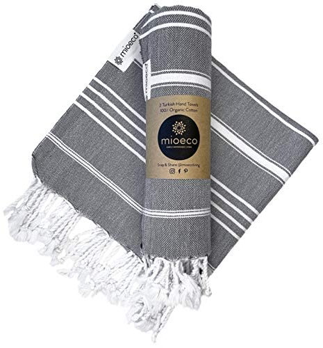 Auténtica toalla de mano turca de algodón – Juego clásico de 2 – 100% orgánico decorativo toallas de mano para baño, cocina y hogar – Super absorbente de secado rápido – 36 x 18 pulgadas (Stone Grey)