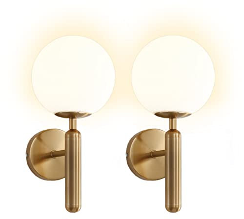 VOMI 2 Stück E14 Wandlampe Innen Glas-Kugel-Schirm Gold Messing Wandleuchte Industrial Vintage Wohnzimmer Wandbeleuchtung Schlafzimmer Kinderzimmer Badezimmer Lampen Nachttischlampe Wandmontage Deko