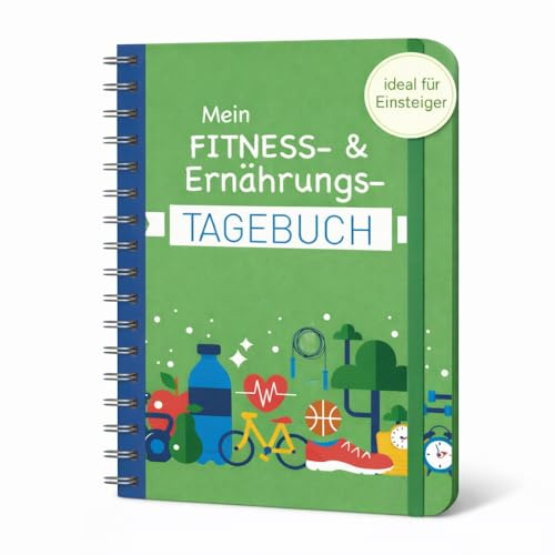 Mein Fitness- & Ernährungs-Tagebuch: Eintragbuch zum Ausfüllenm mit Spiralbindung und Gummiband, Fitnesstracker, Ernährungstracker für Männer und Frauen in blau und grün