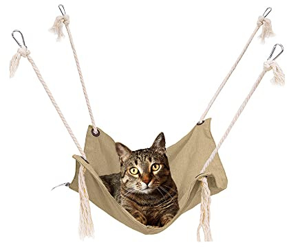 Amaca per gatti traspirante, con moschettoni in metallo e nappe, amaca da appendere alla gabbia per gatti, conigli, cani di piccola taglia (cachi)