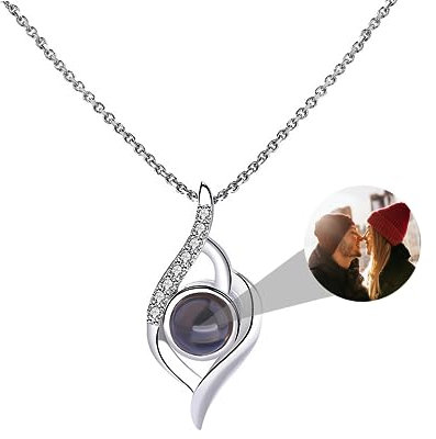 Sterling Silver Photo Necklace,Personalised Necklace With Picture Inside,Custom Photo Projection Necklace With 100 Languages I Love You In It,Memory Picture Pendant Necklace Jewelry Gift For Women