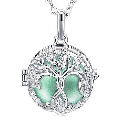 CELESTIA Bola Grossesse Arbre de Vie, Collier Bola de Grossesse Argent Plaqué avec Vert Boule de Carillon e Longues Chaîne Cadeau pour Femme Enceinte