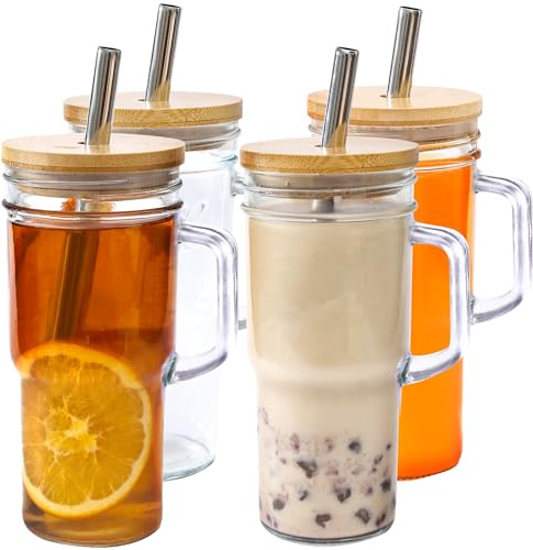 24oz Glass Cups with Lids and Straws - Glass Tumbler cup with bamboo lids and straw iced coffee cup