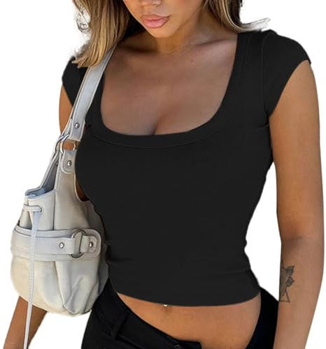 EMOTTOS Femme Y2k Slim Tops, Tops d'été Sexy Square Neck Sleeveless Vest Tops, Camisole Slim Fit Off-Shoulder Crop Top(Noir-S)