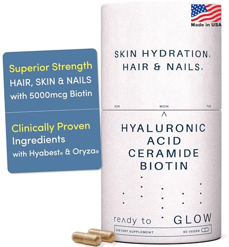 GLOW Anti Aging Supplement - Hyabest® Hyaluronic Acid, Phytoceramides, 5000 mcg Biotin, Vitamin A, C, E, Zinc - Hair Skin Nails Vitamins for Women & Men - Wrinkles & Skin Hydration - 60 Capsules