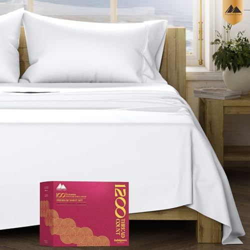 Mayfair Linen 100% Egyptian Cotton Sheets King Size Bed Set - 4 PC 1200 Luxury High Thread Count White Egyptian Cotton King Sheet Set, Silky Soft, Cooling, Sateen Weave, 17 Deep Pocket Bedsheet