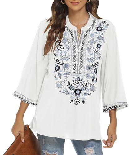Traditional Mexican Embroidered Peasant Tops for Women, Plus Size Vintage Floral Tunic Shirts, Flowers Embroidery Blouses