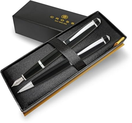 Cross Bailey Fountain Pen and Ballpoint Pen Set - Premium Box - Choose Colour - Gifting for Christmas Luxury Pens (Black)