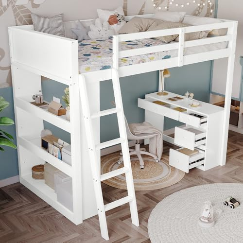 Merax Kids Bunk Bed Frame Children's High Sleeper with Desk, 4-step ladder, 4 drawers, 3 rows of shelves under the lower bunk, for Children Girls and Boys, White (90x190cm)