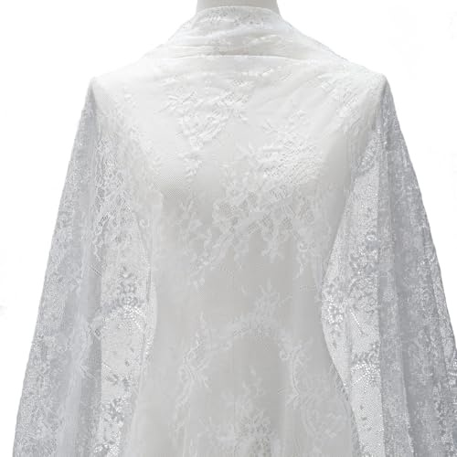 CABODYALS Tessuto in Pizzo Ricamato in Morbido Tessuto di Seta Bianco da 3 m, Tessuto Cucito in Tulle con Motivo A Rete Vintage, Tessuto per Cucito, Forniture per Tovaglie da Festa Fai da Te