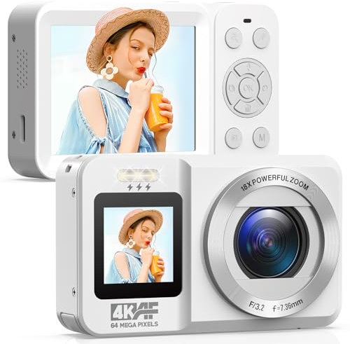 CAMWORLD Cámara Digital 4K de 64 MP con nfoque Automático, Cámara de Fotos con Tarjeta SD de 32 GB, Pantalla Dual Frontal y Trasera, Zoom Digital de 2,8 y 18x, Adecuada para Principiantes Blanco
