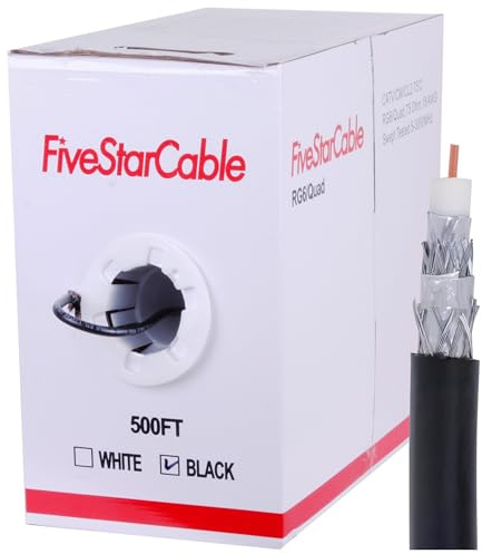 FiveStarCable RG6 500ft Quad Shielded Coaxial Cable - Easy Pull Box, Black & White, ETL, CL2 Rated, 18 AWG, 75 Ohm, for HDTV, Satellite, Cable TV, Internet, and CCTV Installations (Black, 500 Ft)