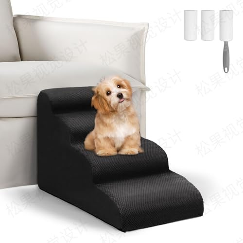 Vikcvcsc Escalier pour Chien à 4 Marches - Escaliers pour Animaux en Éponge - Rampe pour Chien Chat avec Housse en Tissu Amovible et Lavable - pour Canapé et Lit - Envoyer des Rouleau Adhesif Vetement