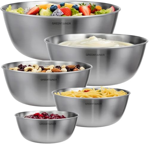 Greentainer Schüsselset 5-teilig,Edelstahl Salatschüssel für die Küche 0,8l - 5,2l,Rührschüssel aus Edelstahl,Stapelbare mixing bowls, Servierschüssel,Schüsseln ideal zum Mischen und Servieren
