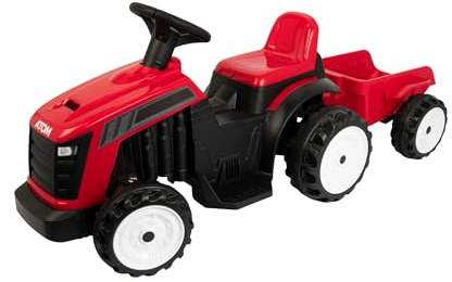 ATOM 6V Electric Ride On Tractor with Trailer – Red | Battery Powered Kids Tractor Ride-On | 40 Minute Run Time | Detachable Trailer | Electric Farm Ride On Toy for Toddlers & Children Aged 2+
