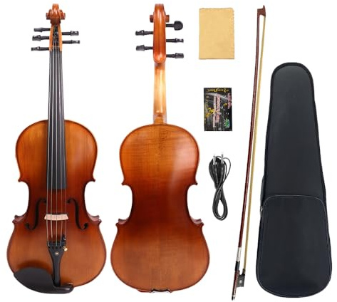 Vetimobato 16.5 Inch 5-String Electric Viola - FCGDA Tuning Electric Acoustic Viola for Students, Adults, Professional - Handmade Maple & Spruce Body with Ebony Fittings, Case, Bow (Brown)