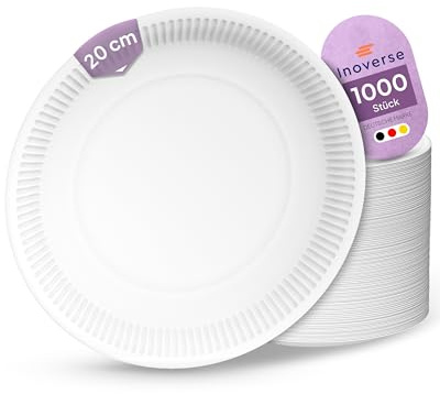 Inoverse 1 000 stycken papperstallrikar vita – runda 20 cm – miljövänliga engångstallrikar av kartong, festporslin, kakfat, engångsporslin