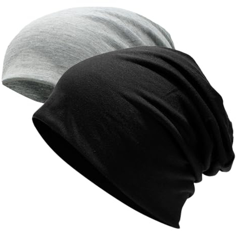 COYUN 2 Pièces Bonnet Souple pour Homme Et Femme, Bonnet en Coton Doux Chimio, Hip-Hop Bonnet Slouch, Bonnet de Nuit Homme, Bonnet Jersey Léger pour Toutes Les Saisons(Noir + Gris)