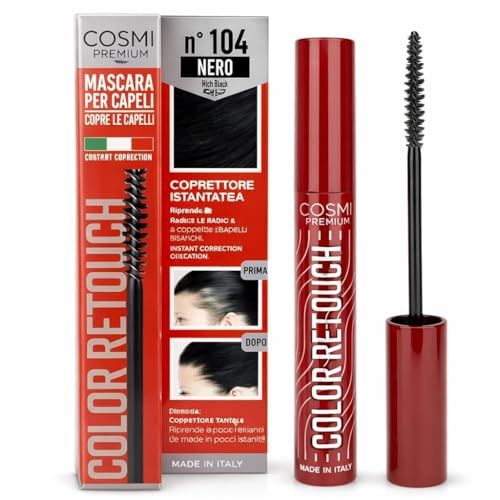 COSMI Mascara Ritocco Capelli Neri – Correttore Istantaneo per Capelli Bianchi e Ricrescita – Made in Italy – 10 ml – Colore 104 Nero