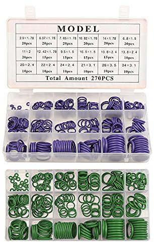 Kit assortimento O-ring in gomma compatibile con sistemi di climatizzazione per auto R134A - Set di rondelle di tenuta da 270 pezzi con custodia - Temperatura nominale da negativa (Verde)