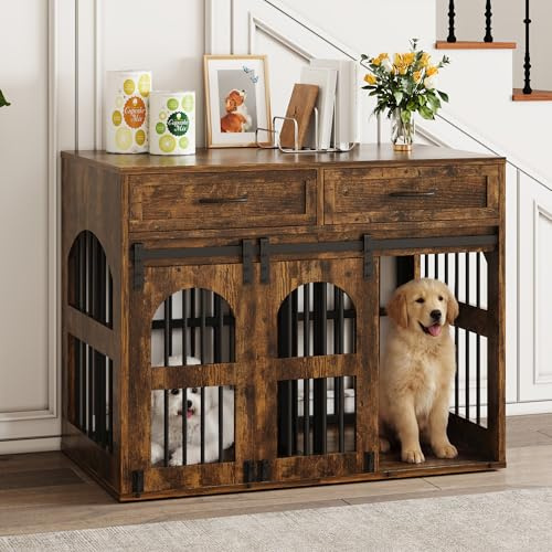 IRONCK Dog Crate Furniture 106cm Dogs Cage with 2 Drawers Removable Divider | Barn Door Wooden Indoor Dog Kennel, Side Table for 2 Small/Medium Dogs or 1 Large Dog, 106x68x88cm, Retro Brown