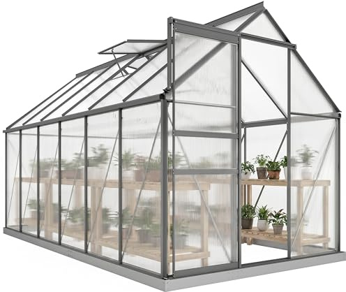 Outsunny Serre de Jardin 7 m² avec Fondation 190 x 375 x 199 cm Gris Foncé | en Aluminium Polycarbonate, Fenêtre Réglable, Porte Coulissante, Abri Extérieur Résistant aux Intempéries