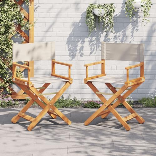YunCangg Folding Director Chairs Set of 2 Cream White Fabric with Acacia Wood Frame 53 x 47 x 90 cm Garden Chair Balcony Chair Camping Chair with Backrest and Armrest for Outdoor Patio Area