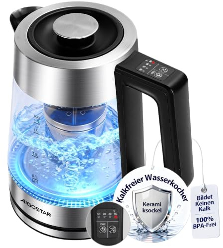 Aigostar Bouilloire Electrique Temperature Reglable, Sans BPA | Revêtement Céramique Anti-tartre, 1,7 Litres, 2200W, Theiere Electrique en Verre Avec Infuseur, Fonction Maintien au Chaud