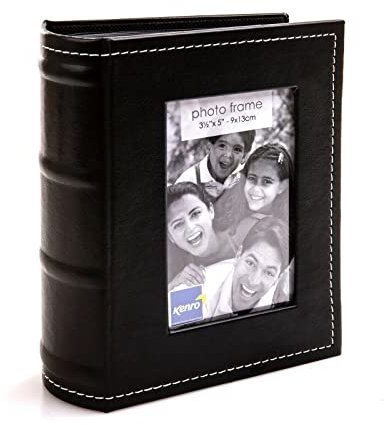Kenro Black Leather Look Small Photo Album for 80 Photos 6x4 inch/10x15cm with Photo Window to Front and White Stitching, Slip-In Pages - PKB108
