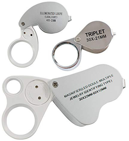 TRIXES 3-teiliges Set Juwelierlupen Vergrößerungsglas 30, 40, Zweifach 30/60 Lupe mit LED-Licht - Leselupen