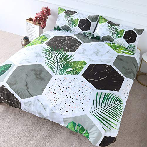 BlessLiving Modern Terrazzo Bedding Hexagon Marble Duvet Cover 3 Pieces Green Palm Leaves Bedspread Geometric Bed Set (Double)