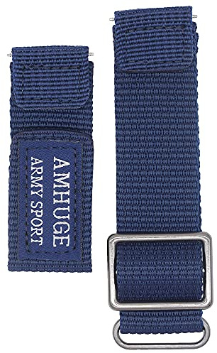 AMHUGE Hook&Loop Military Style Nylon Watch Strap Length Adjustable-Choice of Color & Width (18mm, 20mm, 22mm, 24mm)-Waterproof Sport Watch Band for Men or Women, Blue(steel buckle), Military,Sport