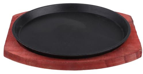 DOITOOL Nonstick Sizzling Steak Plate with Wooden Base Cast Iron Griddle Fajita Skillet Server Plate for Home or Restaurant Use