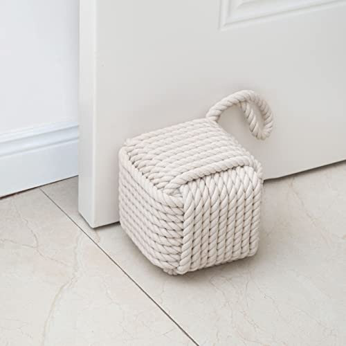 Marwood Rope Knot Door Stops Decorative Nautical Door Stopper Handmade with Handle, Weighted Interior Square Doorstop Sailor Knot for Door and Window - Beige (5x5, 4.4lbs)