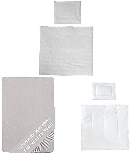 roba Babybettwäsche Lil Planet 80 x 80 cm - 2 teilig, Bio Baumwolle - Grau + Spannbettlaken Lil Planet 40 x 90 + Kindersteppbett -Bettdecke 80 x 80 cm + Kissen 40 x 35 cm 4 Jahreszeiten