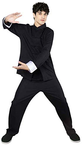 Kinesisk kinesisk kung fu-dräkt traditionell kampsport vinge chun uniform långärmad knapp skjorta byxor set, 02-svart (rock + byxset), L