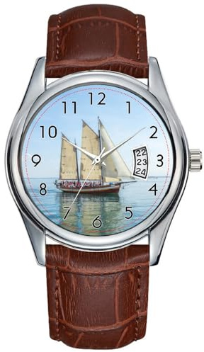 Montre à quartz pour homme - Style décontracté - Étanche - Avec date - Classique - En cuir marron - Montre de Noël - Voilier - Bateau nautique - Bateau à voile, marron, commercial
