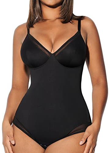 FeelinGirl Body Sculptant Femme avec contrôle du ventre Combinaison Sculptante effet amincissant en maille Col en V (Noir 3XL)