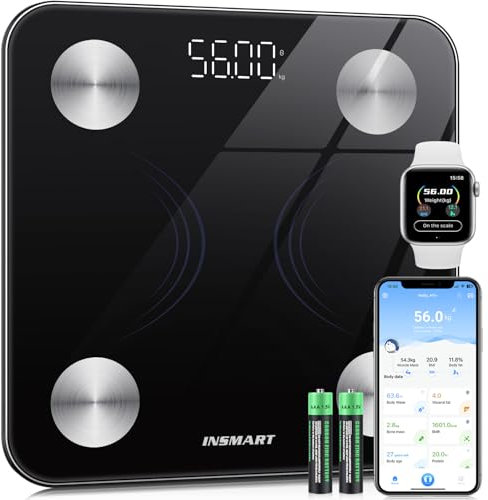 INSMART Bilancia pesapersone digitale per grasso corporeo con app, bilancia Bluetooth per grasso corporeo, BMI, peso, proteina, massa muscolare, peso osseo, BMR, battito cardiaco, acqua, 180 kg/400