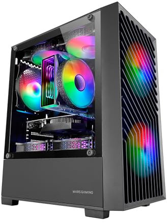 Mars Gaming MC- Vortex, Caja Gaming MicroATX, Frontal Mesh Geométrico, Ventana Lateral Cristal Templado, 3X Ventiladores FRGB Rainbow 120mm, Minitorre PC Compacta con Diseño Doble Cámara, Negro