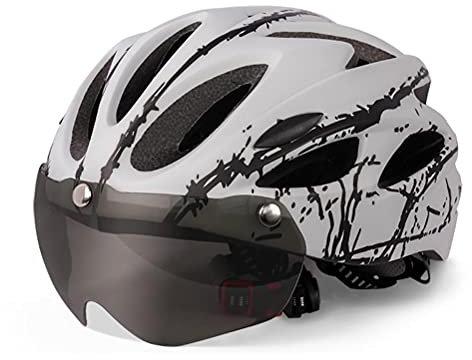 Casco da Ciclismo Casco Protettivo per Uomo Adulto e Donna con Visiera Magnetica (Bianco nero)