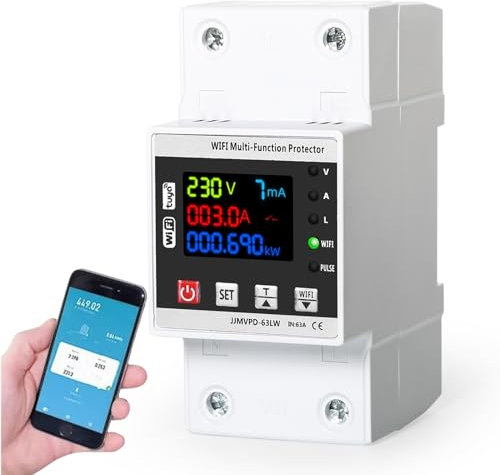 Jadeshay Tuya Smart Meter WiFi Intelligenter Stromzähler Hutschiene LCD Wiedereinschaltschutz über Unterspannungsschutzschalter Überspannungs- und Unterspannungsschutz 63A 230V