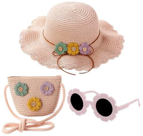 REYOK Girls Straw Hat and Mini Straw Cross Body Bag Sets with Sunglasses,Girl Foldable Wide Brim Hat Sun Protection Floppy Beach Cap for Girls Age 3-12 (UK, Age, One Size, Pale Pink)