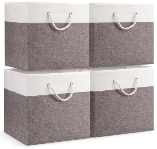 woodluv Storage Cube Boxes Large, Set of 4 Foldable Storage Basket for Cupboards, Shelves, Closet, Set of 4, Grey, 33 x 33 x 33 cm