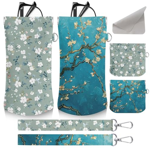 bolimoss Lot de 4 étuis à lunettes de soleil souples avec chiffon de nettoyage et dragonne, étui à lunettes portable en cuir étanche pour femme, Fleur d'amandier et floral, taille unique